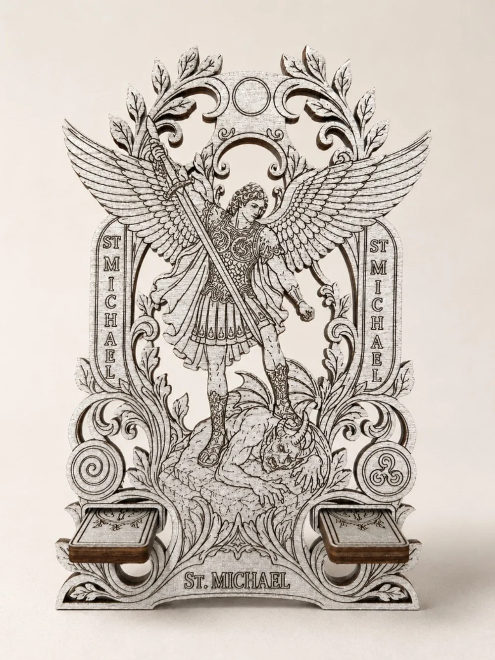 St. Michael Wooden Phone Stand, Archangel Catholic Desk and Prayer Room Decor